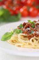 Spaghetti Bolognese oder Bolognaise Nudeln Pasta mit Basilikum