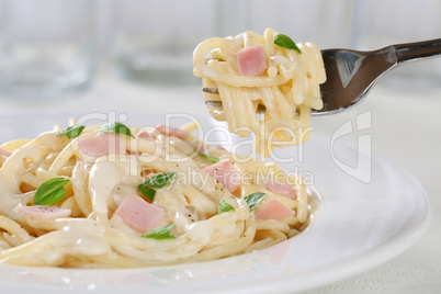 Spaghetti Carbonara Nudeln Pasta essen mit Gabel