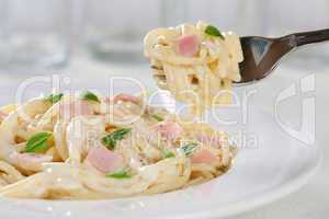 Spaghetti Carbonara Nudeln Pasta essen mit Gabel