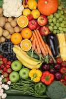 Obst, Früchte und Gemüse wie Apfel, Orange Hintergrund