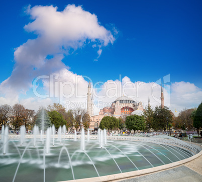 Hagia Sophia with Sultanahmet Square fountain. Istanbul, Turkey