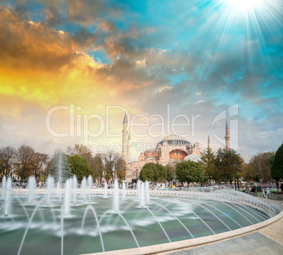 Hagia Sophia in Istanbul with Sultanahmet Square fountain in for