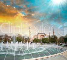 Hagia Sophia in Istanbul with Sultanahmet Square fountain in for