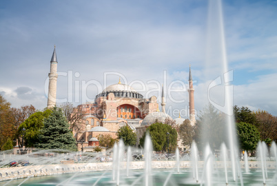 Hagia Sophia with Sultanahmet Square fountain. Istanbul, Turkey