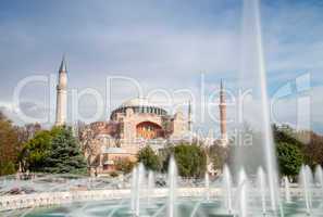 Hagia Sophia with Sultanahmet Square fountain. Istanbul, Turkey