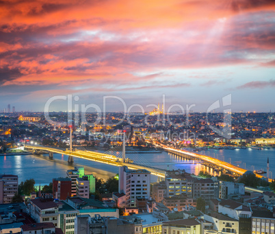 Istanbul night panoramic view and Golden Horn river from Beyoglu