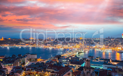 Istanbul night panoramic view and Golden Horn river from Beyoglu
