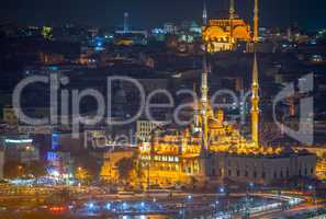 Yeni Cami, New Mosque. Istanbul night aerial view
