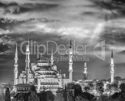 Blus Mosque, Istanbul. Aerial night view with sunset sky