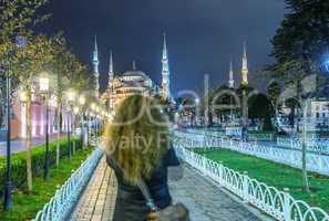 ISTANBUL - SEPTEMBER 17, 2014: Tourist enjoy night view of Blue
