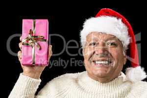 Merry Old Man Showcasing A Pink Wrapped Present