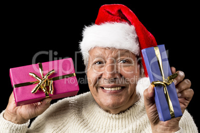 Lighthearted, Smiling Old Man Offering Two Gifts