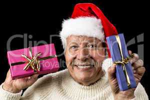 Lighthearted, Smiling Old Man Offering Two Gifts
