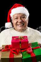 Aged Man Offering Three Wrapped Christmas Presents