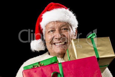 Jolly Old Man With Santa Cap And Three Xmas Gifts