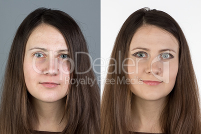 Photo of young woman before and after make up