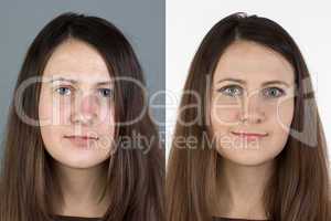 Photo of young woman before and after make up