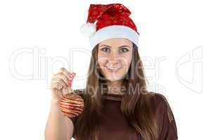 Image of young woman holding christmas ball