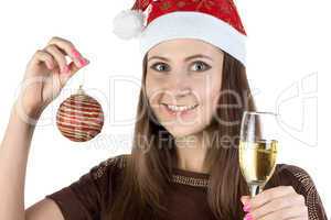 Photo of young woman with christmas ball and glass