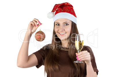 Image of young woman with christmas ball and glass