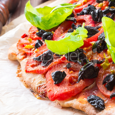 homemade olive - tomato pizza