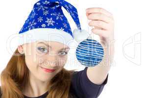 Photo of woman with christmas balls in hat