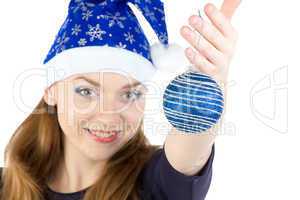 Image of woman with christmas balls in hat