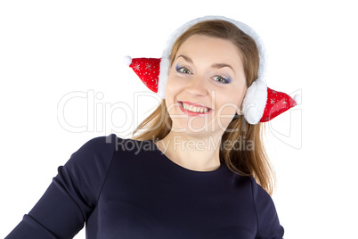 Photo of happy young woman in winter headphones