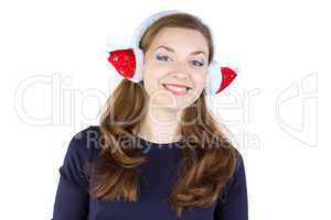 Image of happy young woman in winter headphones