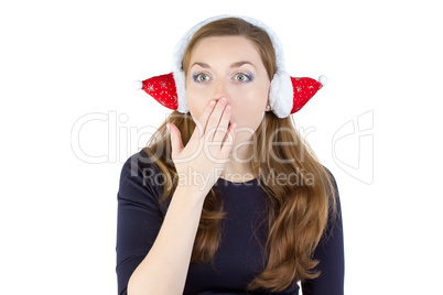 Image of surprised woman in winter headphones