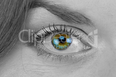 Black and white photo of woman's green eye