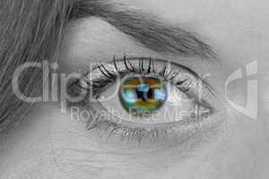 Black and white photo of woman's green eye