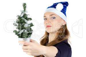 Woman with small christmas fir tree