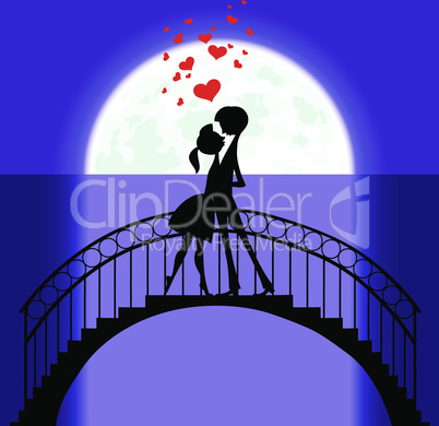 Lovers at bridge in moonlight