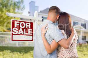 For Sale Real Estate Sign, Military Couple Looking at House