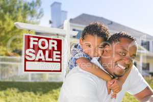 African American Father and Mixed Race Son, Sale Sign, House