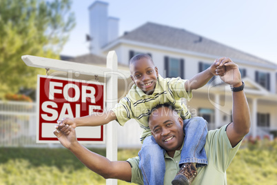 African American Father and Son, Sale Sign and Home