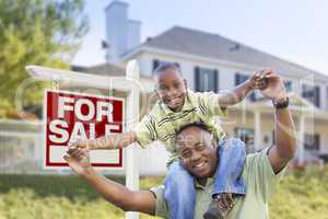 African American Father and Son, Sale Sign and Home