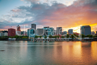 Downtown Portland cityscape at the sunset time