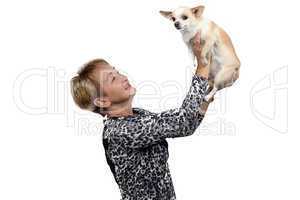 Photo of the happy old woman with dog