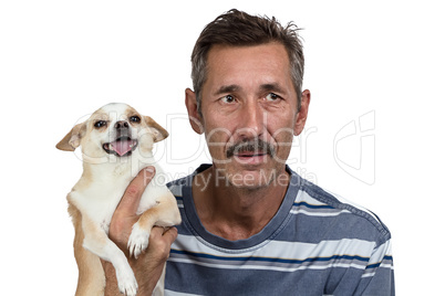 Photo of the old man holding dog