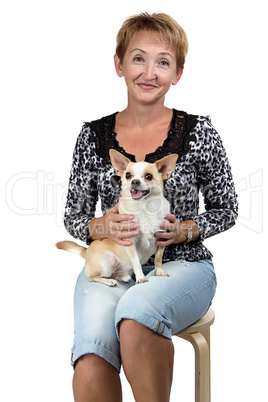 Image of the sitting old woman with dog