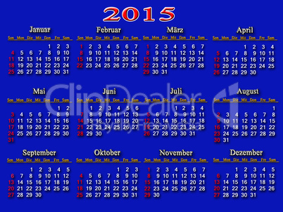 blue calendar for 2015 year