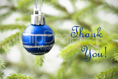 Blue Christmas Ball on Christmas Tree Branch with Thank You Text