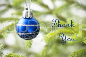 Blue Christmas Ball on Christmas Tree Branch with Thank You Text