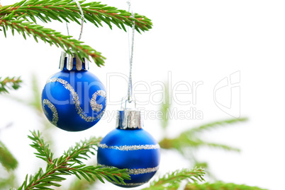 Christmas Fir Tree With Two Blue Christmas Balls