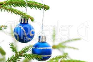 Christmas Fir Tree With Two Blue Christmas Balls