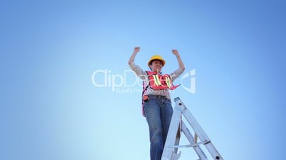 Woman Worker Climb Ladder Raise Hands