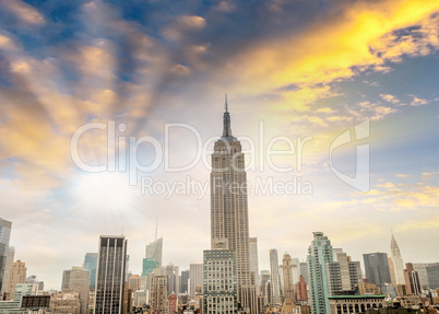 Amazing view of Manhattan skyline. City skyscrapers on a cloudy