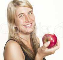 laughing woman with apple